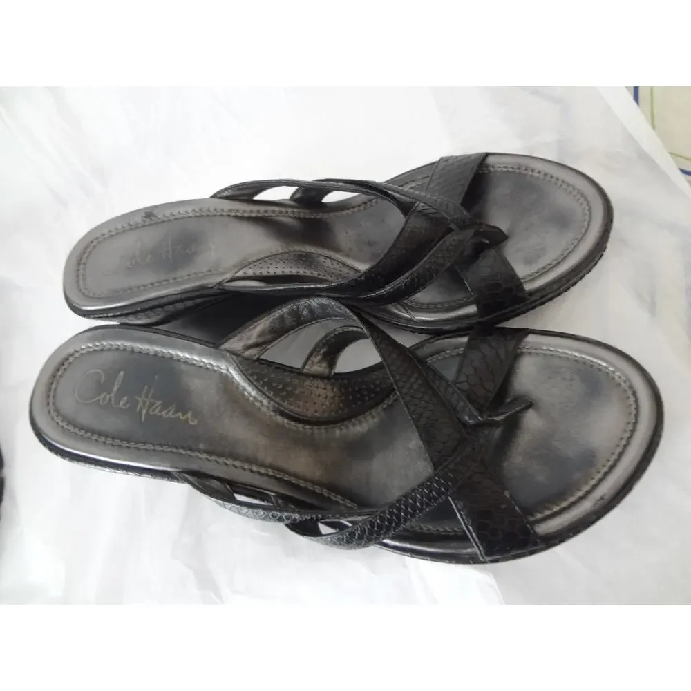 Cole Haan Black Leather Snakeskin embossed Strappy Wedge Sandals Slip on 9.5B